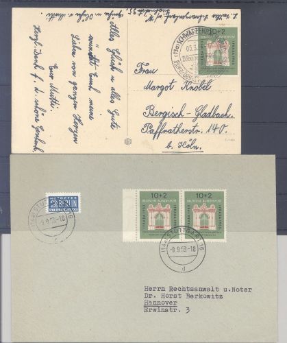 Bund, 2 Briefe mit Michel Nummer 171, 10 Pfg. Ifraba 1953, EF + MeF