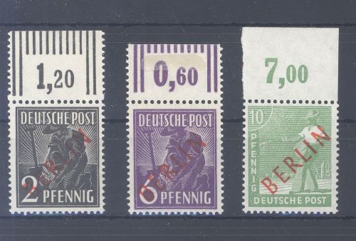 Berlin, 3 ** Oberrand Werte aus 21-34 Rotaufdruck 1949, geprüft BPP