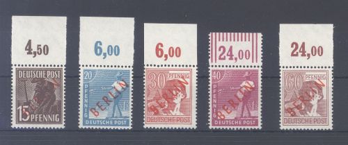 Berlin, 5 ** Oberrand Werte aus 21-34 Rotaufdruck 1949, geprüft BPP