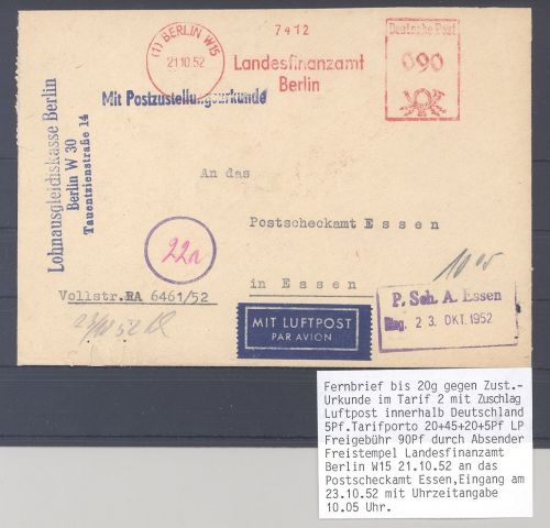Berlin, Brief 1952 Luftpost Zustellungsurkunde aus Berlin