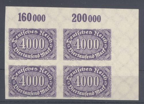 Dt. Reich Mi.Nr. 255 U, 4000 Mark ungezähnt Viererblock Eckrand **