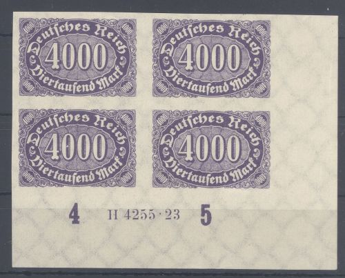 Dt. Reich Mi.Nr. 255 U, 4000 Mark ungezähnter Viererblock ** mit HAN