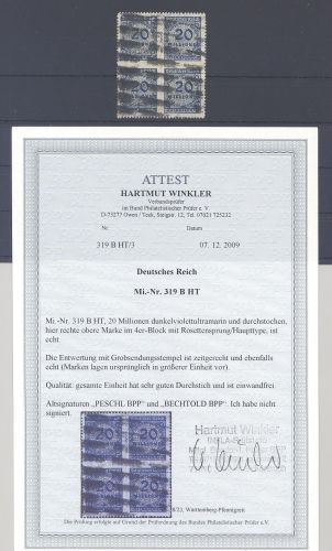 Dt. Reich Mi Nr. 319 B HT, 20 Mio. 1923 Viererblock gestempelt, FA BPP