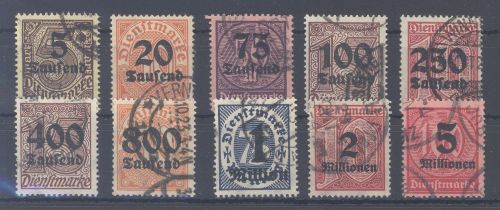 Dt. Reich Dienst Michel Nummer 89-98 aus 1923 gestempelt, geprüft Infla