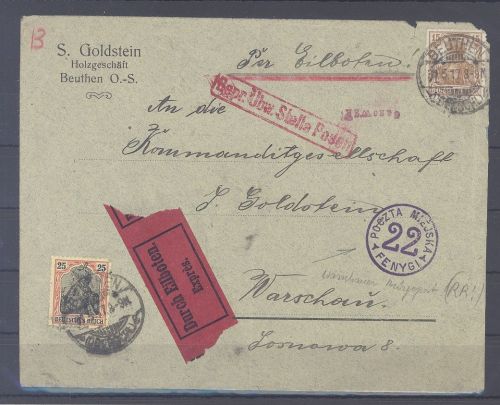 Dt. Bes. 1. WK Stadtpost Warschau, Eilboten Zensurbrief aus Beuthen