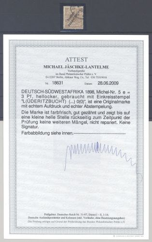 Dt. Kolonien DSWA Michel Nummer 5e, 3 Pfg. 1898 gestempelt, FA BPP
