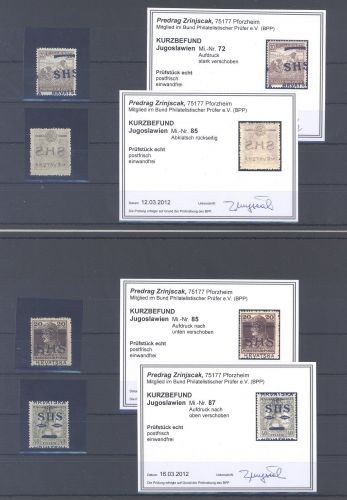 Jugoslawien, 4 ** Werte mit Besonderheiten Mi.Nr. 72-87, Befunde BPP
