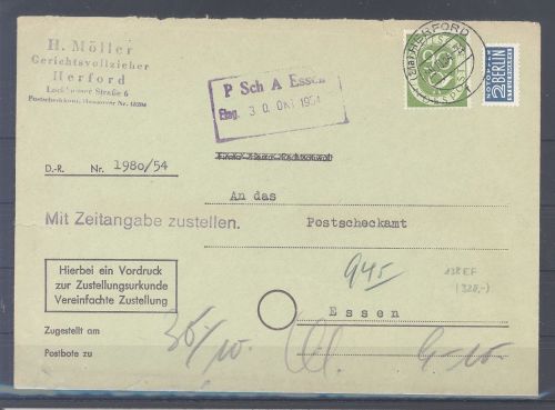 Bund, Brief mit 90 Pfg. Posthorn als EF auf Zustellungsurkunde