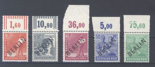 Berlin, 5 Werte aus Schwarzaufdruck 1949 vom Oberrand **