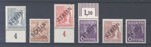 Berlin, 6 Werte aus Schwarzaufdruck 1949 mit Besonderheiten **