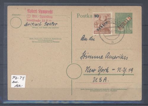 Berlin, gelaufene GA P 3 1949 mit 10 Pfg. ZuF in die USA