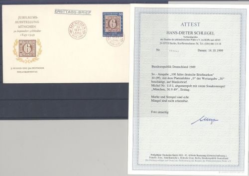 Bund, FDC Michel Nr. 115 I, 30 Pfg. 1949 mit Plattenfehler I, FA BPP