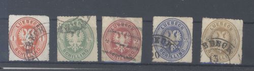Lübeck Michel Nummer 8-12, Freimarken 1863-65 gestempelt