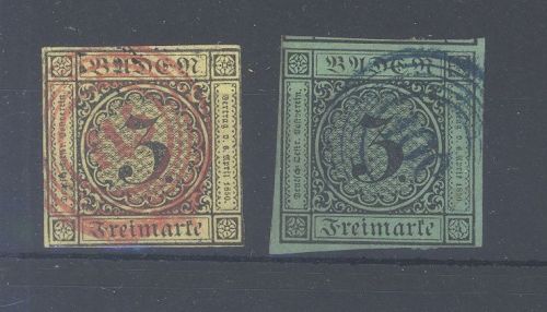 Baden, 2 Kreuzer Werte aus 1-8, Freimarken 1851-58 farbige Stempel