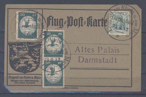 Dt. Reich, Karte mit 3 x Michel Nummer III, 30 Pfg. Flugpost 1912