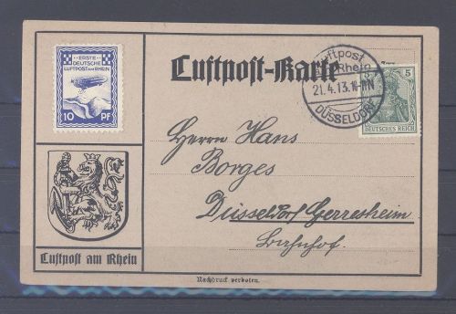 Dt. Reich Flugpost Michel Nummer 9a, 10 Pfg. Düsseldorf 1913 auf Karte