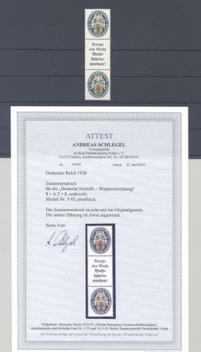 Dt. Reich Zusammendruck Michel Nummer S 63 aus 1928 **, FA BPP