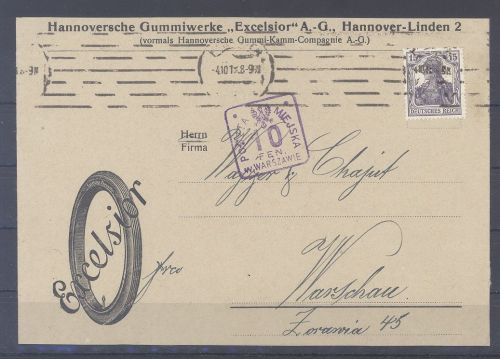 Dt. Bes. 1. WK Stadtpost Warschau, Zensur Firmenbrief aus Hannover
