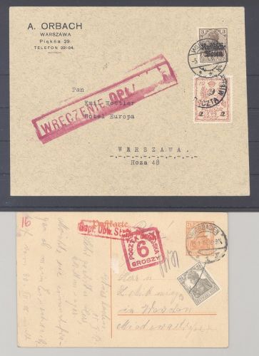 Dt. Bes. 1. WK Stadtpost Warschau, 2 interessante Belege als Posten