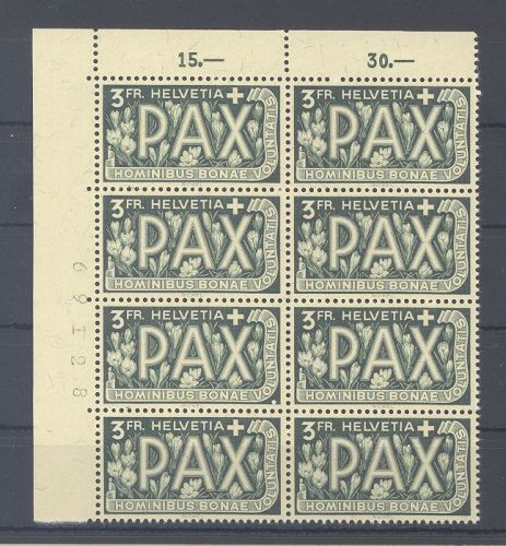 Schweiz Michel Nummer 457, 3 Fr. Pax 1945 ** Achterblock Eckrand