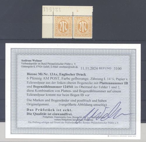 Bizone 13Ax, 6 Pfg. AM Post Platten-Nr. + Bogenzähl Nr.**, Befund BPP