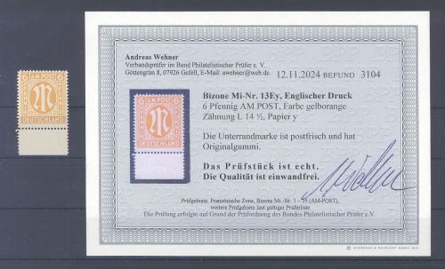 Bizone Michel Nummer 13 Ey, 6 Pfg. AM Post 1945 **, Befund BPP