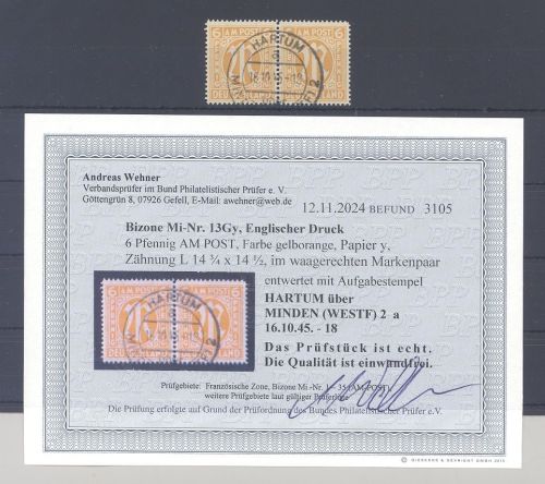 Bizone Michel Nr. 13 Gy, 6 Pfg. AM Post gestempeltes Paar, Befund BPP