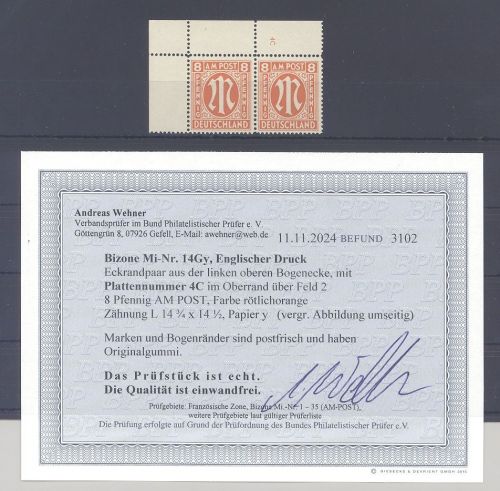 Bizone Mi.Nr. 14Gy, 8 Pfg. AM Post Plattennummer 4 C ** , Befund BPP