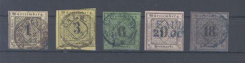 Württemberg Michel Nummer 1-5, Freimarken 1851 gestempelt