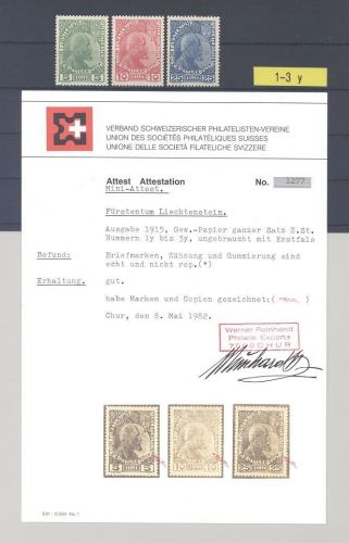 Liechtenstein Michel Nr. 1-3y, Freimarken 1915 ungebraucht *, Befund