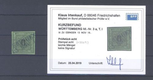 Württemberg Michel Nummer 3 mit gutem Stempel 250 P., Befund BPP