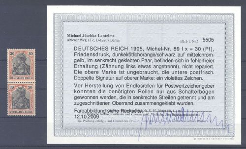 Dt. Reich Michel Nummer 89 I x, 30 Pfg. 1905 */** Paar, Befund BPP