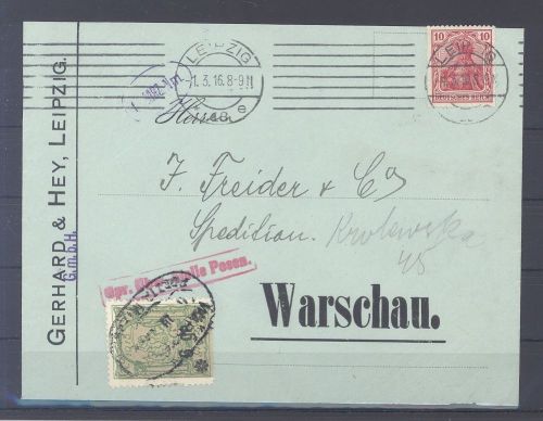 Dt. Bes. 1. WK Stadtpost Warschau, Firmenbrief 10 Pfg. Germania MiF