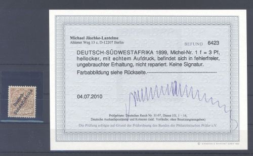 Dt. Kolonien DSWA Mi.Nr. 1f, 10 Pfg. 1898 ungebraucht *, Befund BPP