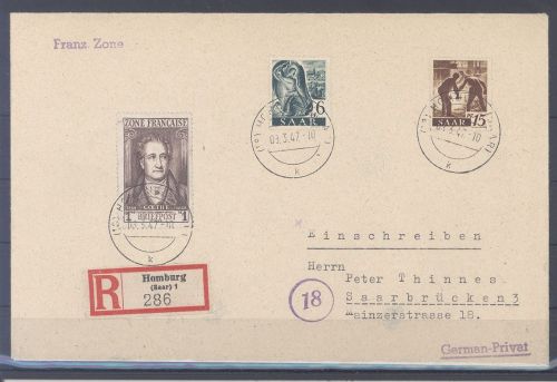Saarland, R - Brief mit interessanter Saar und Franz. Zone MiF aus Homburg