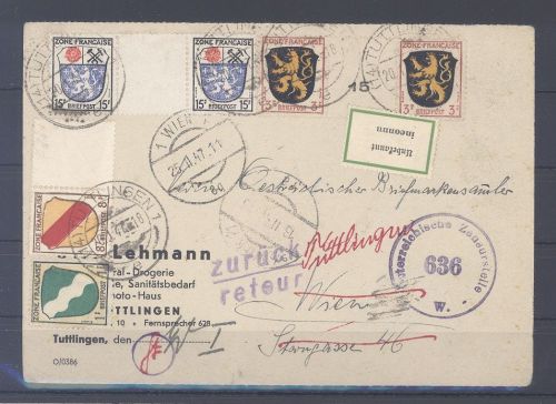 Franz. Zone Allg. Ausgabe, Zensur Rückläufer Karte 1947 nach Wien