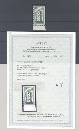 Bund Michel Nummer 241 Z, Europa 1956 mit gutem WZ **, FA BPP