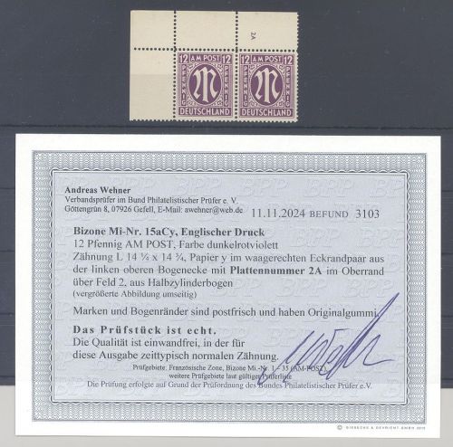 Bizone Mi.Nr. 15 aCy, 12 Pfg. AM Post Plattennummer 2 A ** , Befund BPP