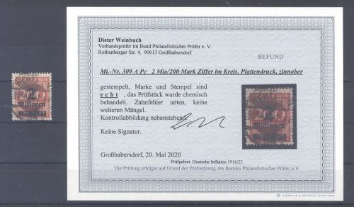 Dt. Reich Michel Nummer 309 A Pc, 2 Mio. 1923 gestempelt Befund BPP