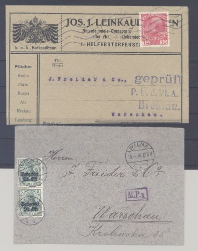 Dt. Bes. 1. WK Stadtpost Warschau, 2 interessante Briefe als Posten