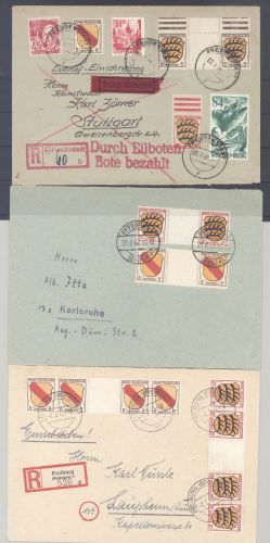 Franz. Zone Allg. Ausgabe, 3 Briefe mit Zwischenstegen als Posten