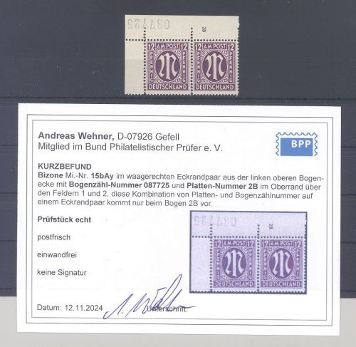 Bizone 12 Pfg. AM Post Plattennr. und Bogenzählnummer ** Befund BPP