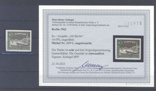 Berlin Mi.Nr. 219 U, 10 Pfg. 1962 ungezähnt ungebraucht *, Befund BPP