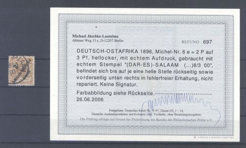 Dt. Kolonien Ostafrika Mi.Nr. 6e, 2 Pfg. 1896 gestempelt, Befund BPP