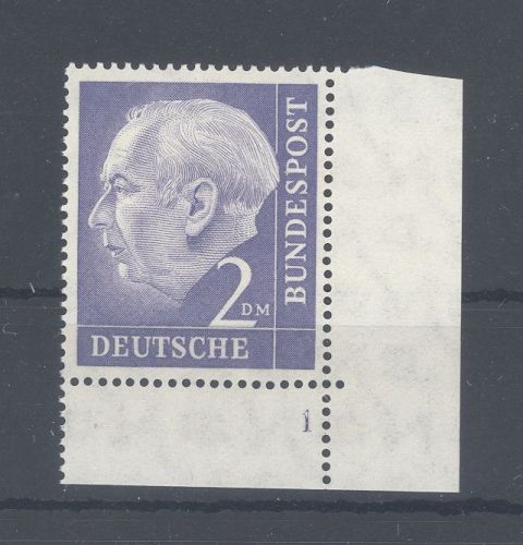 Bund Michel Nummer 195, 2 DM Heuss Eckrandwert mit "1"
