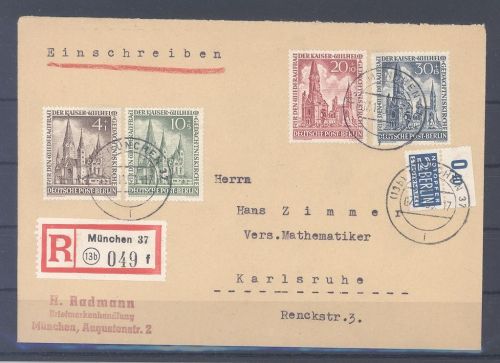 Berlin, R -Brief mit Michel Nummer 106-09, Gedächtniskirche 1953