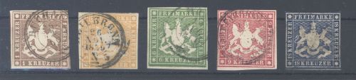 Württemberg Michel Nummer 11-15, Freimarken 1857 gestempelt