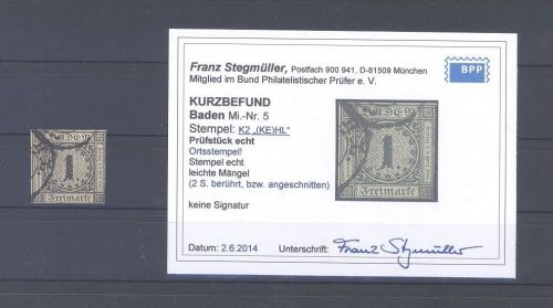 Baden Mi.Nr. 5, 1 Kreuzer Freimarke 1853 mit Ortsstempel, Befund BPP