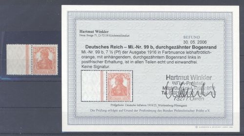 Dt. Reich Mi.Nr. 99b, 7 1-2 Pfg Bogenrand durchgezähnt ** Befund BPP