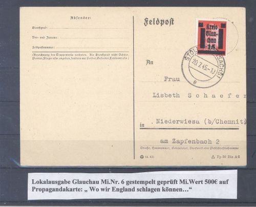 Dt. Lokalpost Glauchau, Karte 1945 mit Michel Nummer 6 als EF, geprüft